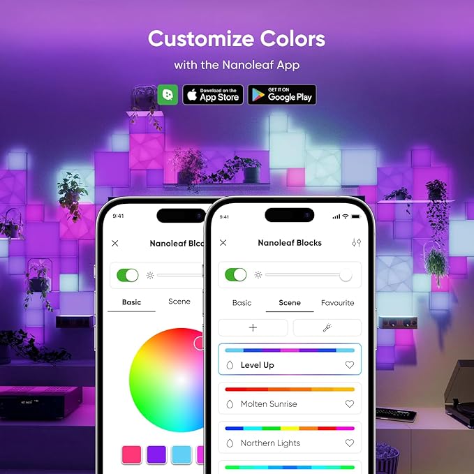 Nanoleaf Blocks LED Lights, Smart Light Panels Square WiFi LED Wall Lights with Music Sync, Wall Decor Lights Smart Kit Compatible with Alexa, RGBW, Light Panels for Gaming Room (9 Panels + 1 Shelf)