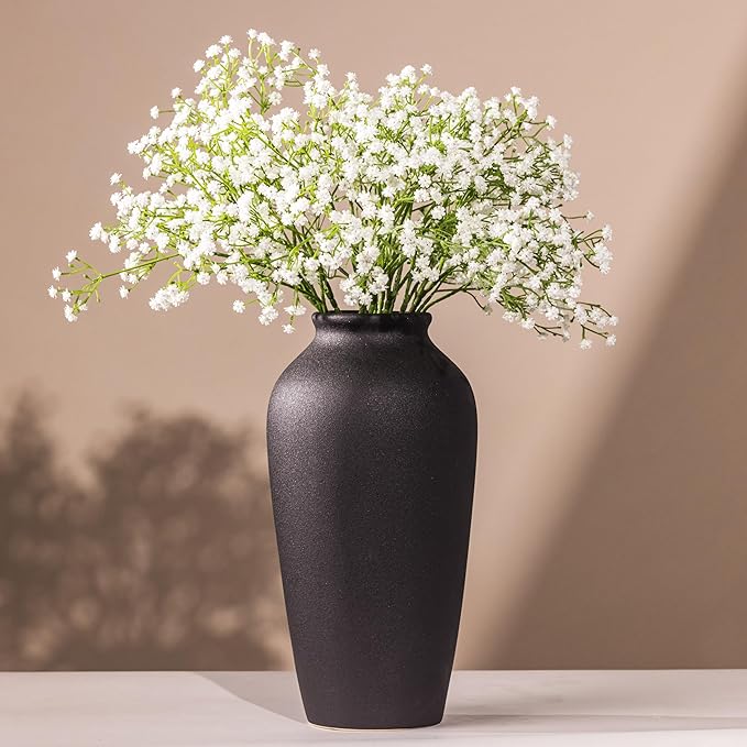 Laurel&Vine 12" Tall Black Ceramic Vase, Speckled Textured Minimalist, with 15 Stems of 22" Faux Artificial White Babys Breath, Farmhouse Console Centerpiece Decor, Real Touch Fake Flowers in Vase