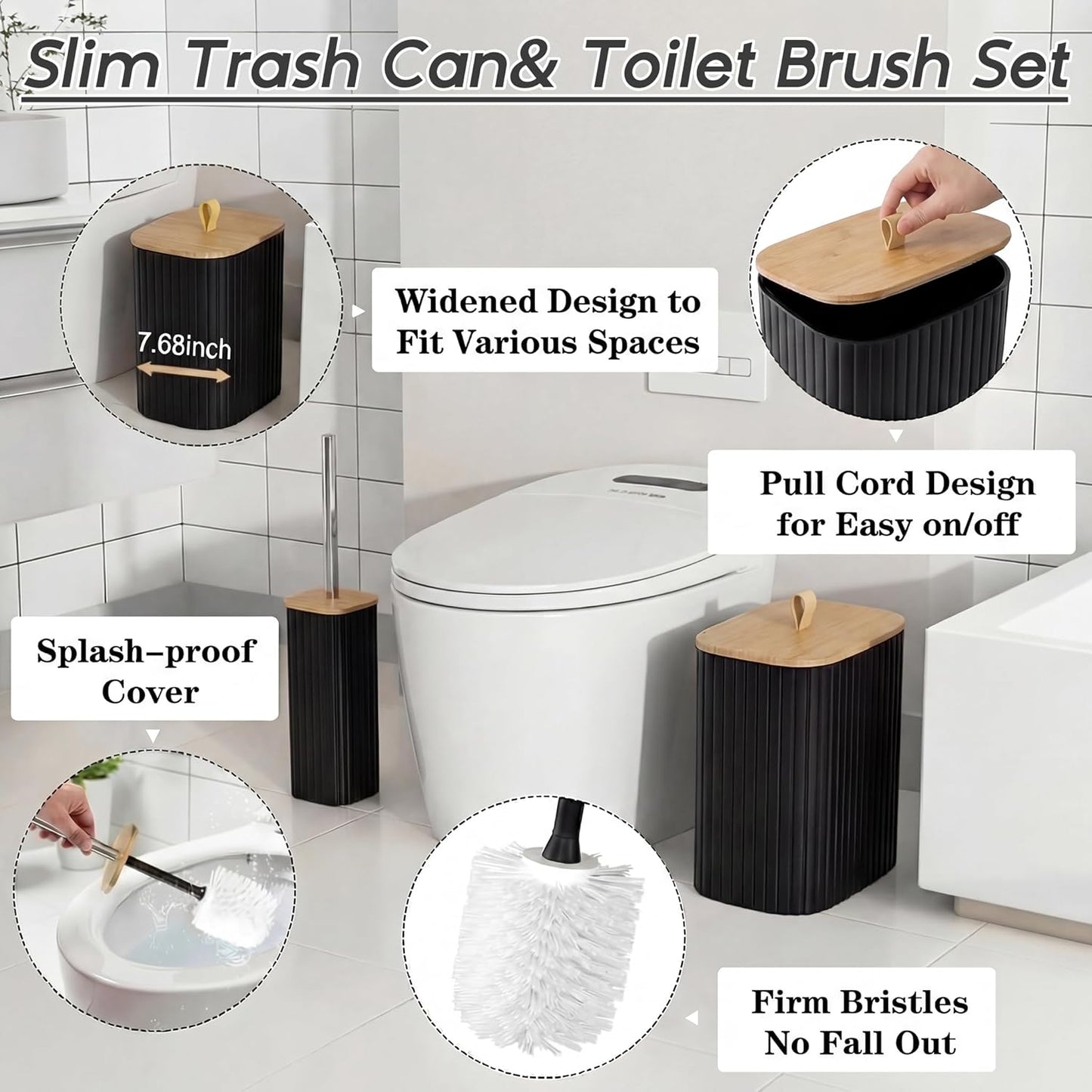 Bathroom Accessories Set - Bathroom Set with Shower Curtain and No Slip Rugs, Trash Can, Toilet Brush Holder Set, Soap Dispenser & Bath Towels - Stylish Bath Decor for Home, Apartment, Black, 25PCS