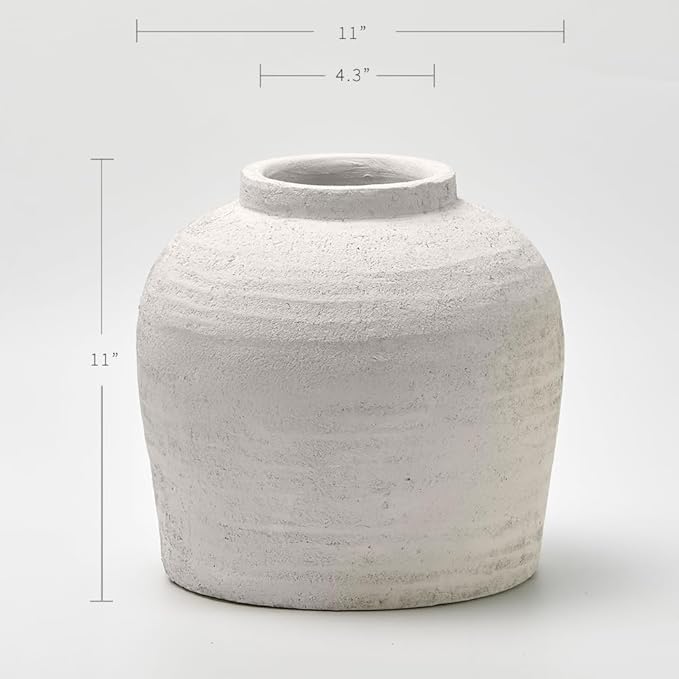 LB2 White Ceramic Large Vase, 11" Tall Zen Style vase, Terra Cotta Pitcher, Distressed Farmhouse Decor, Pottery Decorative Flower for Home Decor (B - White 11")