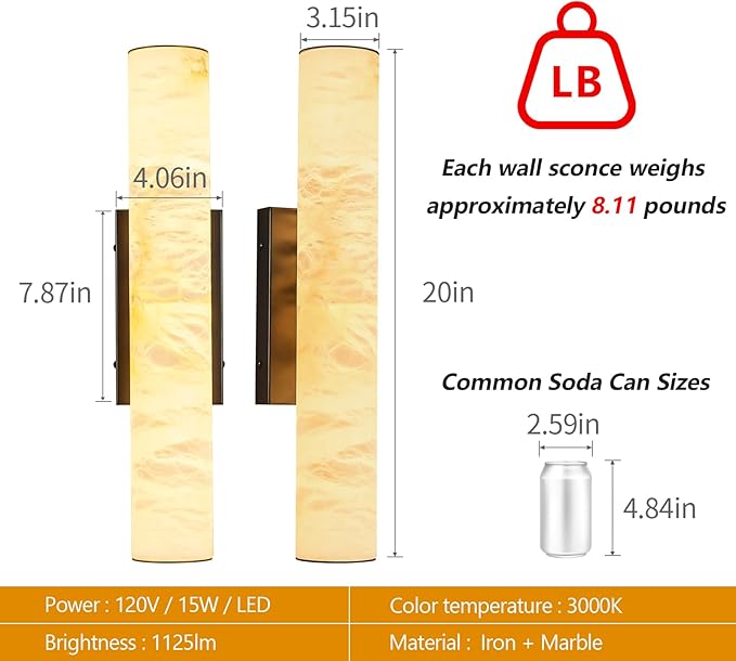 LMQNINE Natural Alabaster Wall Sconces Set of Two Spanish Marble Wall Light Cylinder Modern Gold LED Sconce for Living Room Bedroom Bathroo Stairs（S-2Pack）