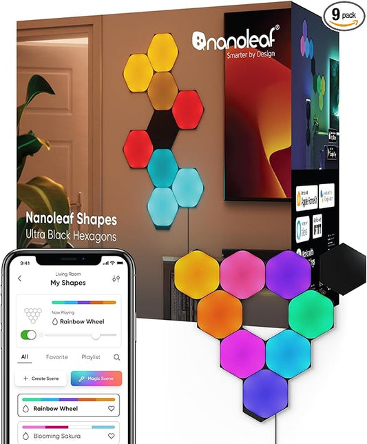 Nanoleaf Shapes LED Wall Lights, RGBW Smart Wall Panels with 16M+ Color, Compatible with Alexa & Google Assistant, Music Sync, DIY Gaming Light for Home Decor (Black Hexagons Smarter Kit 9 Pack)