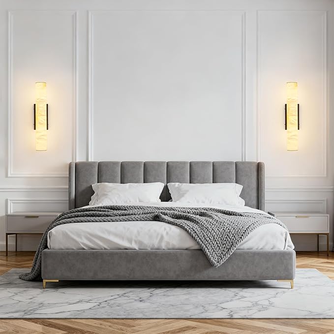 LMQNINE Natural Alabaster Wall Sconces Set of Two Spanish Marble Wall Light Cylinder Modern Gold LED Sconce for Living Room Bedroom Bathroo Stairs（S-2Pack）