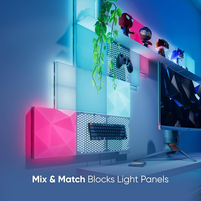 Nanoleaf Blocks LED Lights, Smart Light Panels Square WiFi LED Wall Lights with Music Sync, Wall Decor Lights Smart Kit Compatible with Alexa, RGBW, Light Panels for Gaming Room (9 Panels + 1 Shelf)