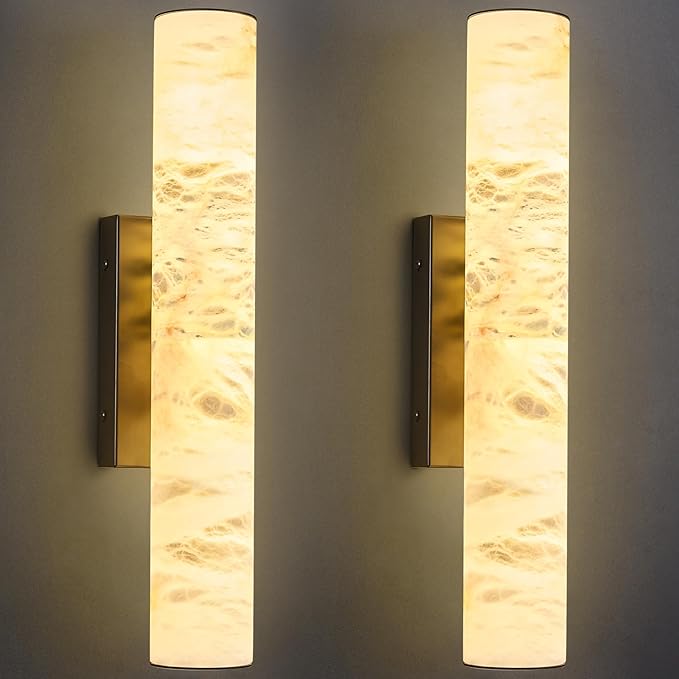LMQNINE Natural Alabaster Wall Sconces Set of Two Spanish Marble Wall Light Cylinder Modern Gold LED Sconce for Living Room Bedroom Bathroo Stairs（S-2Pack）