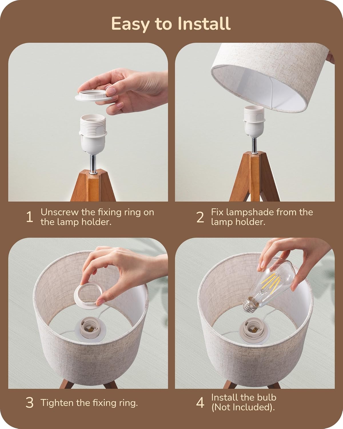 EDISHINE Tripod Table Lamp, Small Cute Bedside Lamp with Linen Beige Lampshade, Nightstand Lamp for Nursery, Bedroom, Kid Room, Living Room, Light Brown Wooden Base, E26 Socket, 14.2 Inch