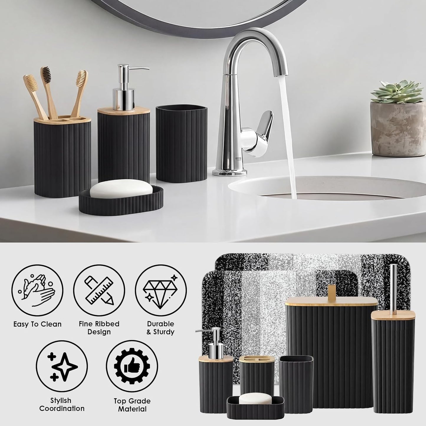 Bathroom Accessories Set - Bathroom Set with Shower Curtain and No Slip Rugs, Trash Can, Toilet Brush Holder Set, Soap Dispenser & Bath Towels - Stylish Bath Decor for Home, Apartment, Black, 25PCS