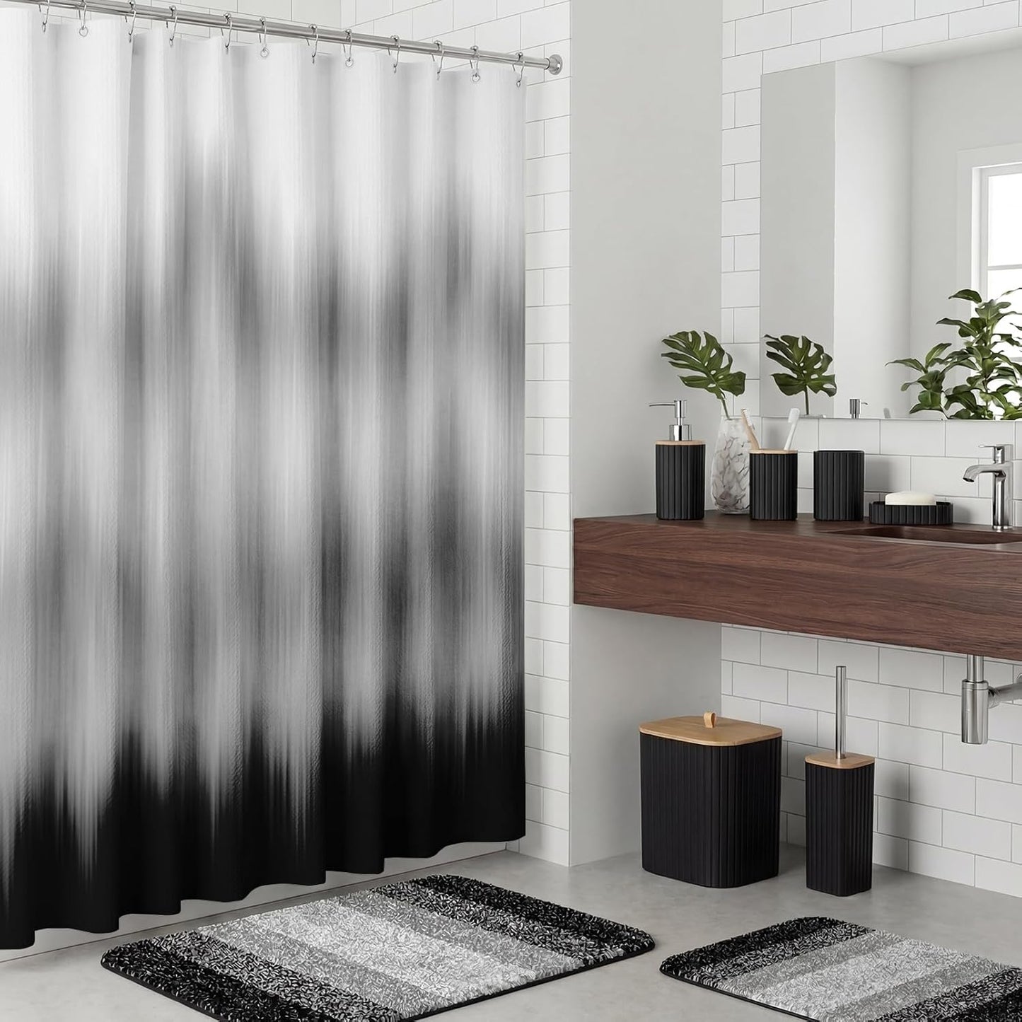 Bathroom Accessories Set - Bathroom Set with Shower Curtain and No Slip Rugs, Trash Can, Toilet Brush Holder Set, Soap Dispenser & Bath Towels - Stylish Bath Decor for Home, Apartment, Black, 25PCS