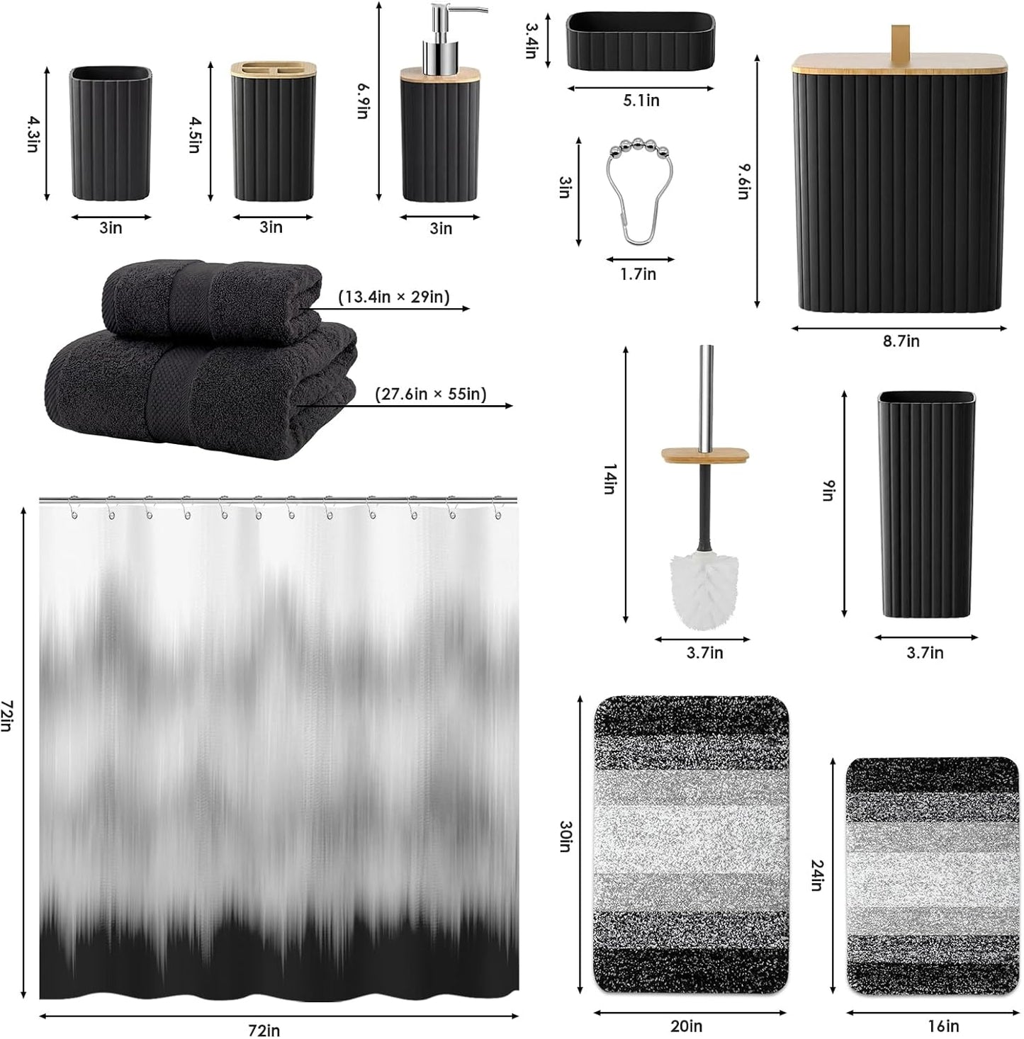 Bathroom Accessories Set - Bathroom Set with Shower Curtain and No Slip Rugs, Trash Can, Toilet Brush Holder Set, Soap Dispenser & Bath Towels - Stylish Bath Decor for Home, Apartment, Black, 25PCS