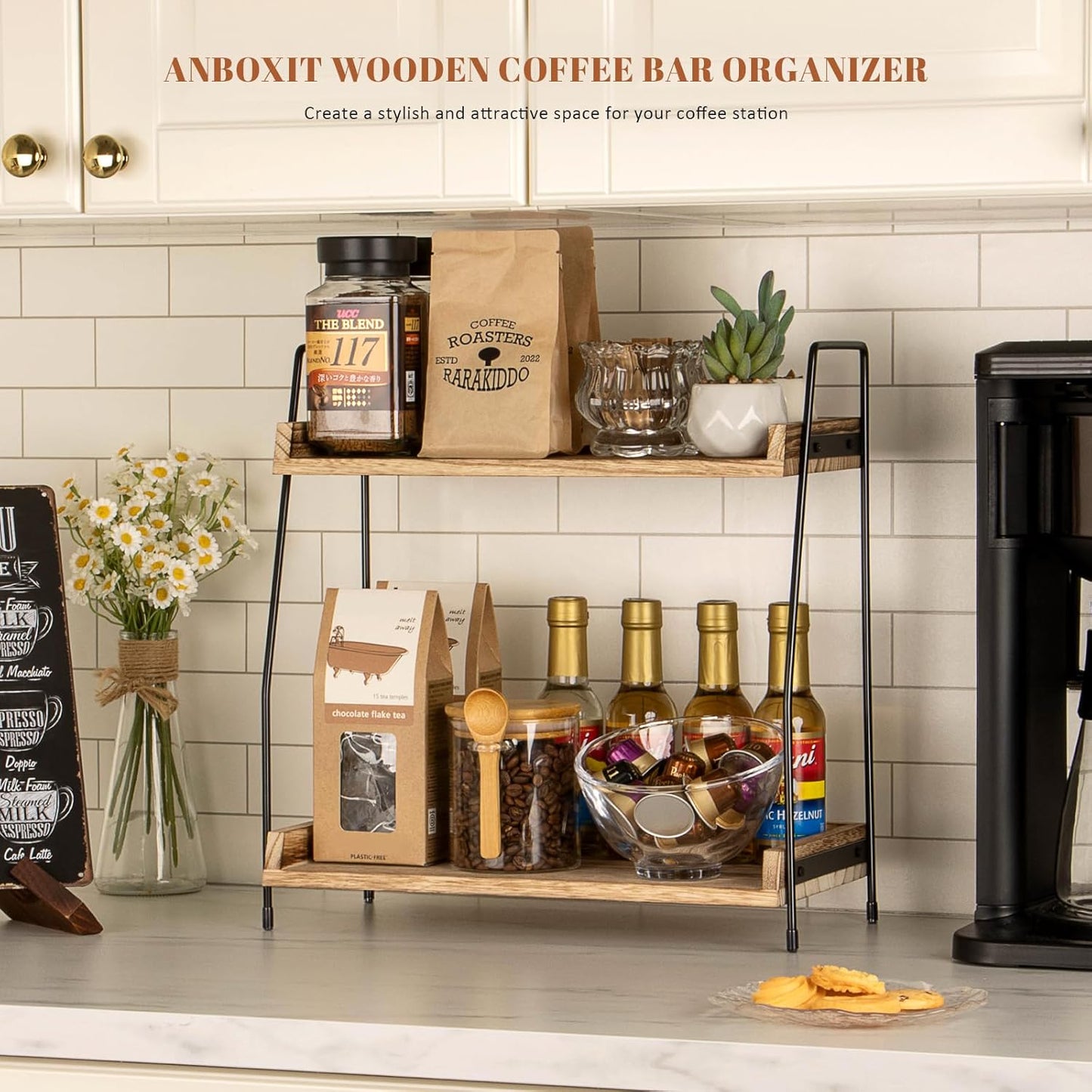 Countertop Coffee Station Organizer, 2 Tier Wooden Shelf for Coffee Bar Accessories, Condiment Storage Caddy for Kitchen, Home, Office - Brown