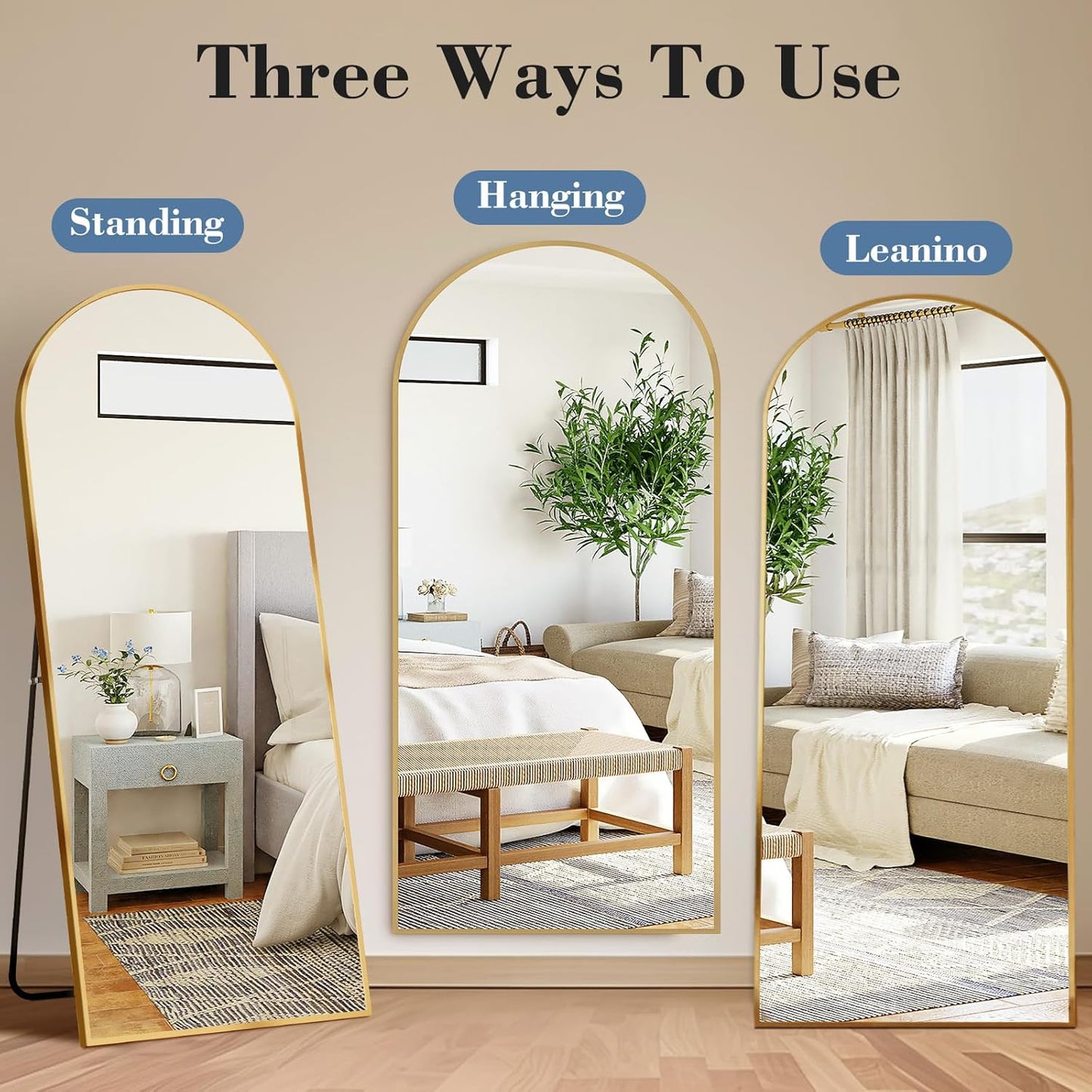 DUMOS Arched Full Length Mirror with Stand Floor Free Standing Aluminum Frame for Bedroom Body Hanging Leaning Modern Simple Home Decor Shatter-proorf Nano Glass Wall Gold 65"x24"