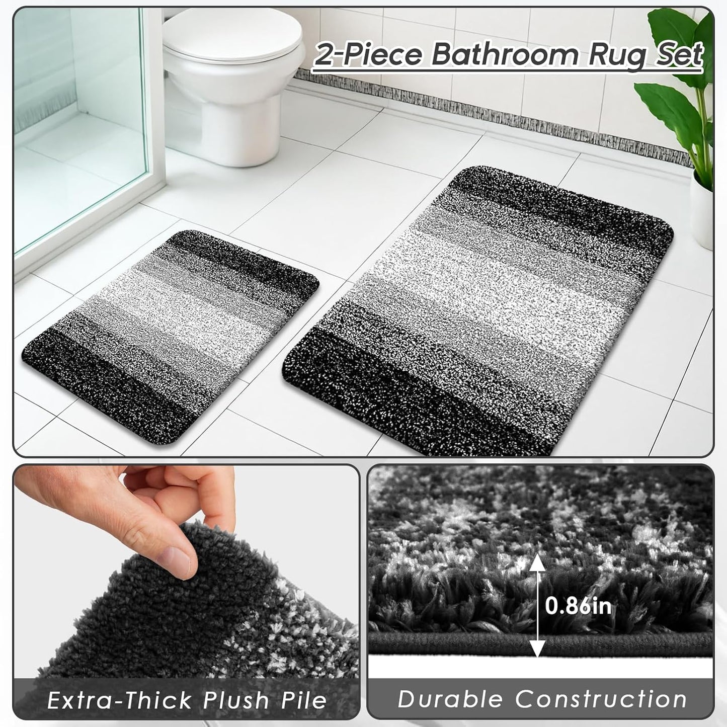 Bathroom Accessories Set - Bathroom Set with Shower Curtain and No Slip Rugs, Trash Can, Toilet Brush Holder Set, Soap Dispenser & Bath Towels - Stylish Bath Decor for Home, Apartment, Black, 25PCS