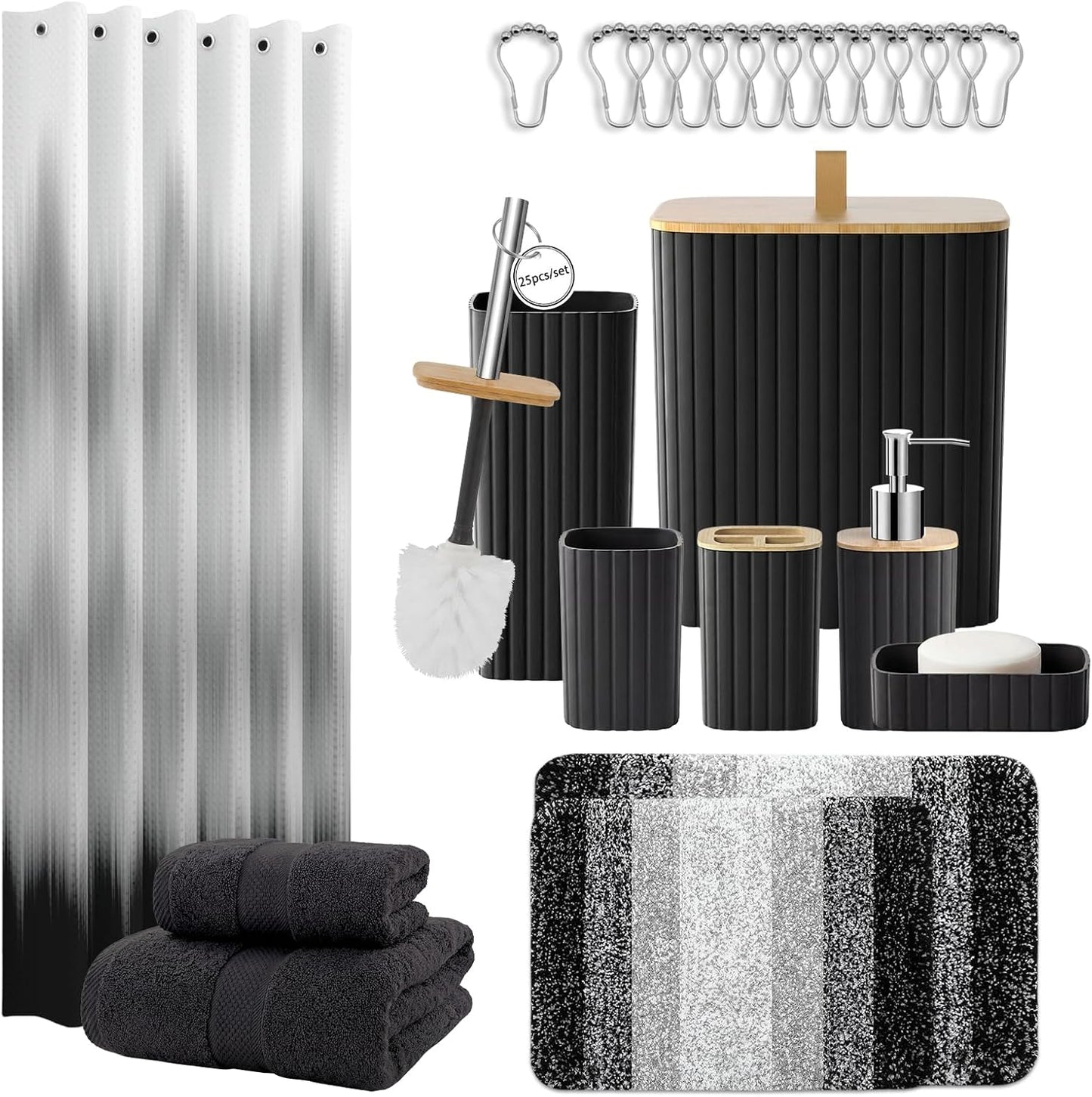 Bathroom Accessories Set - Bathroom Set with Shower Curtain and No Slip Rugs, Trash Can, Toilet Brush Holder Set, Soap Dispenser & Bath Towels - Stylish Bath Decor for Home, Apartment, Black, 25PCS