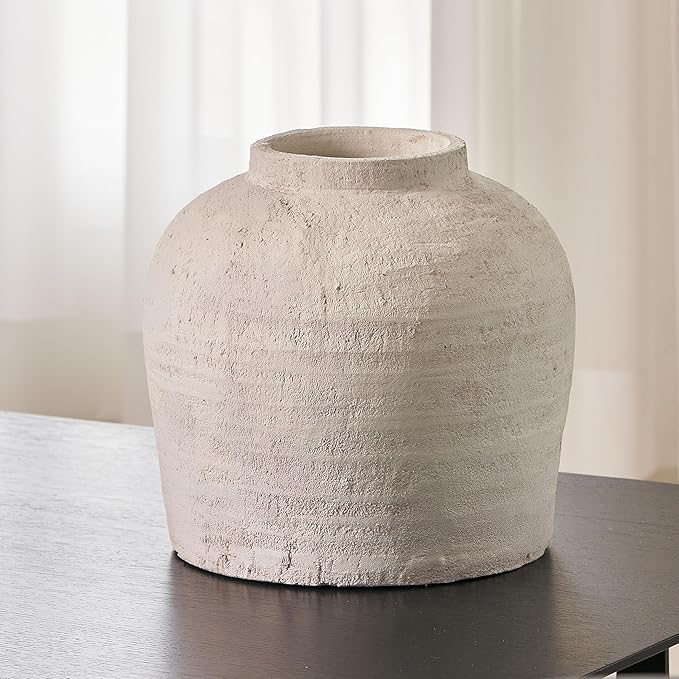 LB2 White Ceramic Large Vase, 11" Tall Zen Style vase, Terra Cotta Pitcher, Distressed Farmhouse Decor, Pottery Decorative Flower for Home Decor (B - White 11")